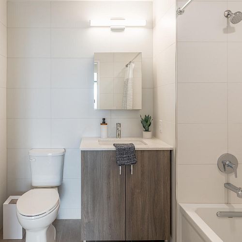 A modern bathroom with a toilet, a vanity with a sink and mirror, a bathtub with a shower, and minimal decor on white tiled walls.