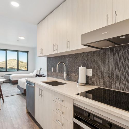 Modern kitchen with light cabinets, black countertop, sleek appliances, and a chevron backsplash. A window shows a scenic view.