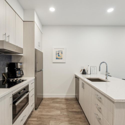 A modern kitchen with light wood cabinets, stainless steel appliances, a countertop sink, and an oven, featuring minimalistic decor.