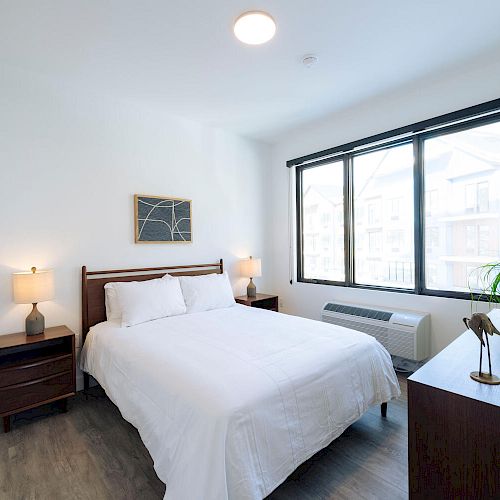 A bright bedroom with a bed, bedside tables with lamps, a dresser, a plant, and a large window allowing natural light in.