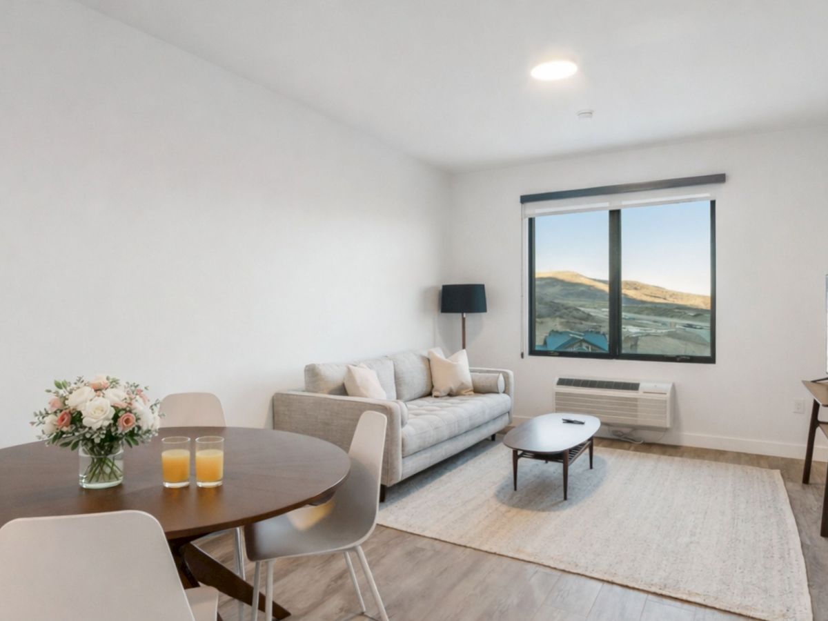 A bright, modern living room with a light-gray sofa, round coffee table, rug, and a dining area nearby; large window shows a scenic view.