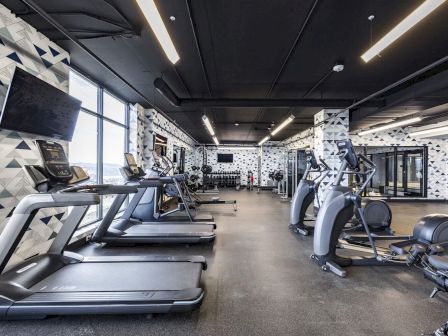 The image shows a modern gym with treadmills, exercise bikes, and other workout equipment against geometric-patterned walls and large windows.