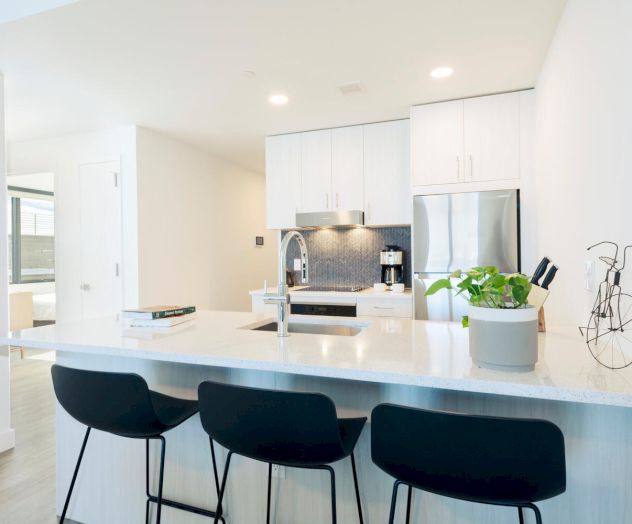 Modern kitchen with white cabinets, stainless steel appliances, and a countertop with stools. A plant and decor add a touch of style.