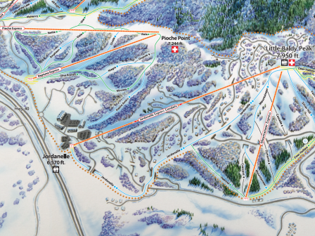 Ski map of the area shows runs, lifts, and landmarks around Piche Point and Little Baldy Peak, with trails, slopes, and terrain clusters.
